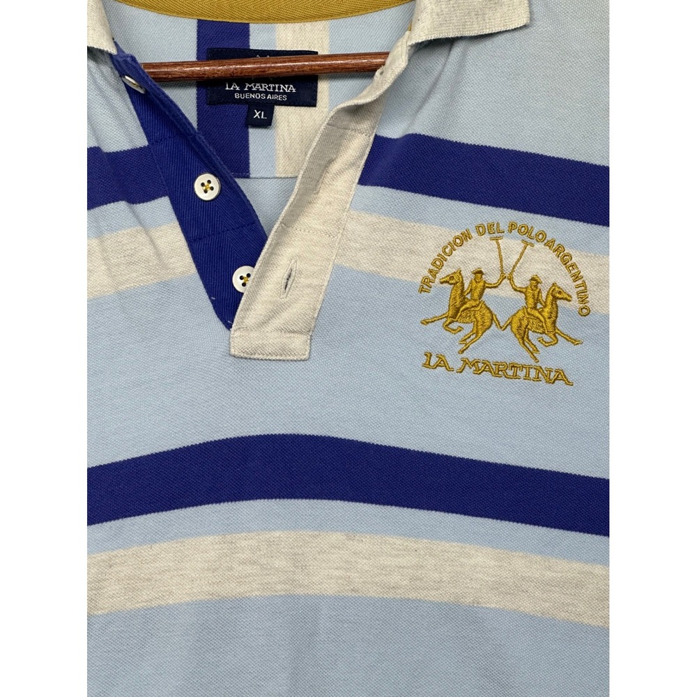 La Martina Mens XL Blue Striped Polo Shirt Tradicion Del Polo‎ Argentino Pique